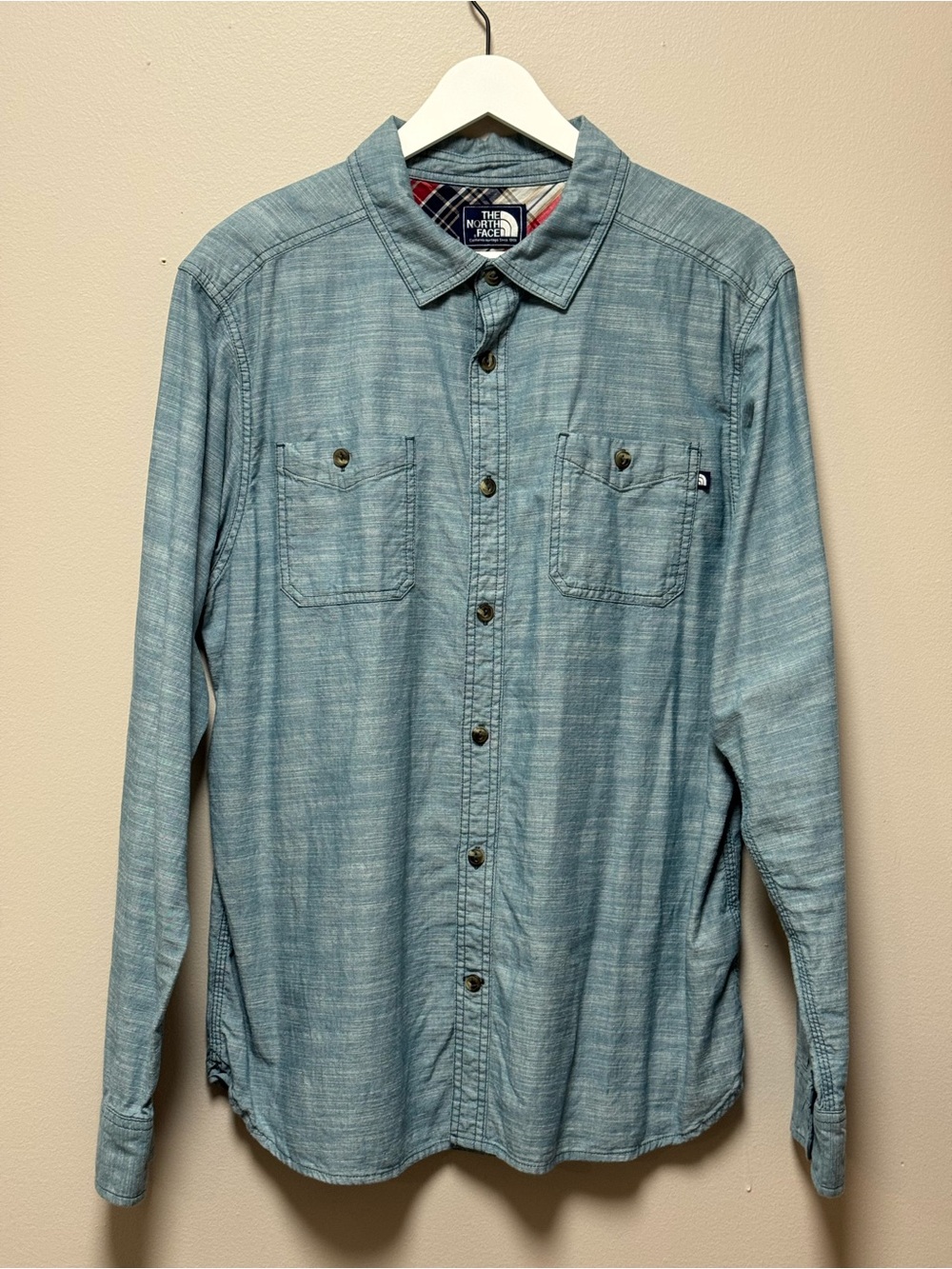 The North Face—Men's Light Blue/Green Button-Up Shirt—Large